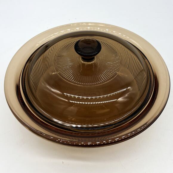 Vtg Corning Vision Cookware Amber Glass 1qt 1L Serving Dish 9" Bowl V-31-B Lid - Picture 1 of 8